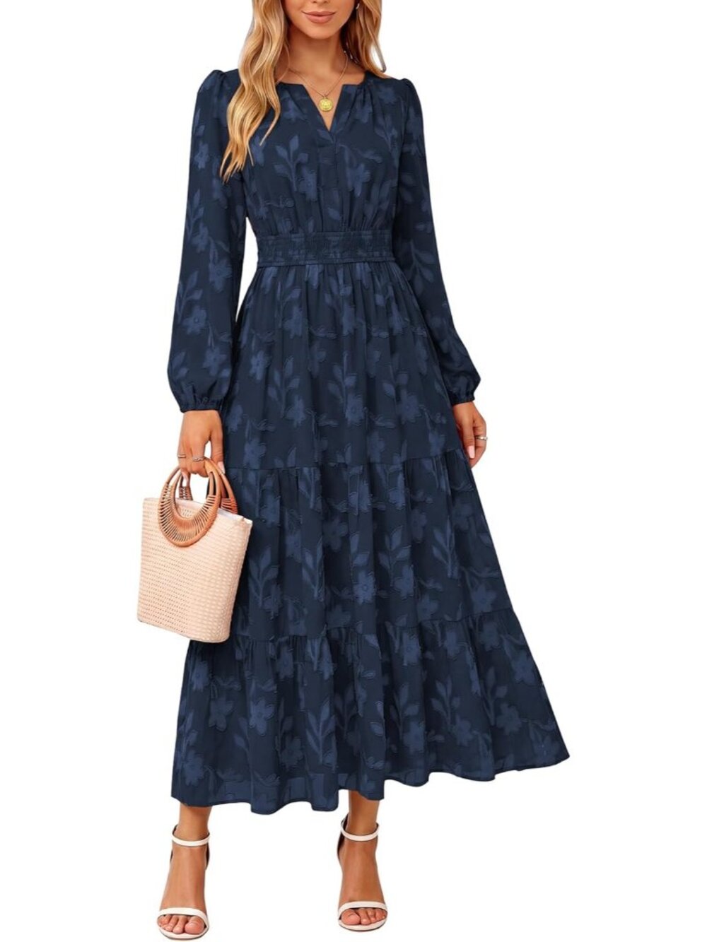 Women's Navy Grey Long Sleeve With Pockets V Neck Wedding Guest Maxi Dresses